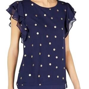 Maison Jules Flutter Polka Dot Blouse Blue Gold Dot Size XS New